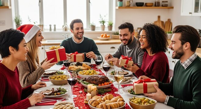 Joyful multiethnic friends laughing and exchanging gifts during a festive holiday dinner party at home.