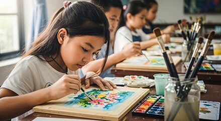 Fototapeta premium Focused Asian little girl painting colorful flowers with watercolors during an art class. Children learning creative skills in a school workshop.