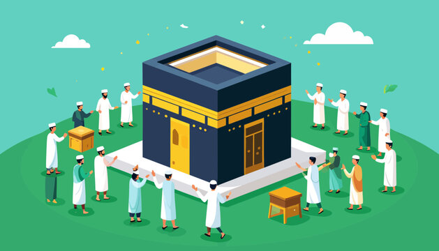 Illustration of people around Kaaba during Hajj pilgrimage.