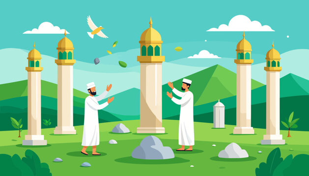 Muslim men throwing stones at pillars.
