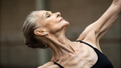 Ballet dancer’s neck and shoulder close-up. Elegant portrait detail of elder ballet dancer stretching, graceful skin texture.