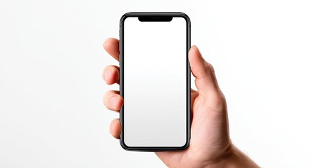 Hand holding a black smartphone with blank screen against a white background