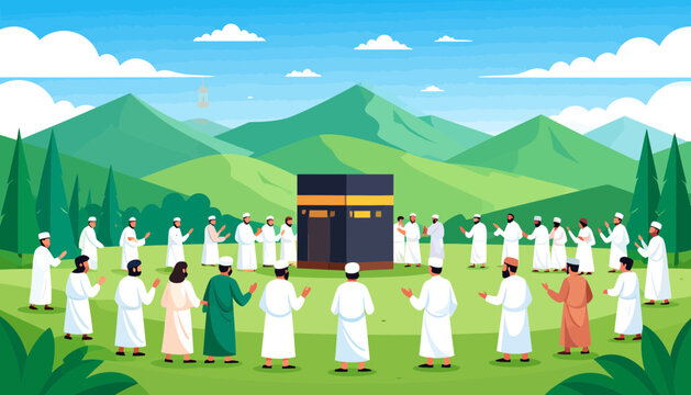 pilgrims gather around the Kaaba during Hajj.