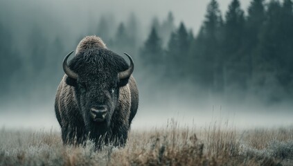 Large bison in a misty meadow, facing viewer