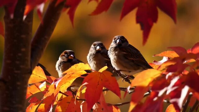 Three Sparrows Perched on a Branch Amidst Autumn Leaves.