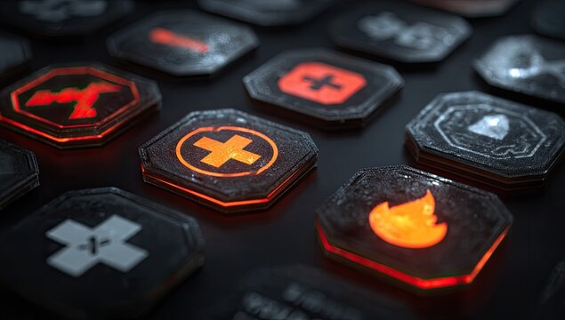 Close-up of glowing hexagonal icons