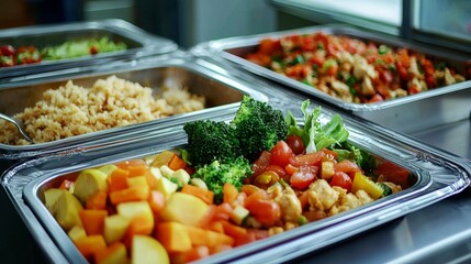 A minimalist workspace featuring a metal tray filled with nutritious school meals.