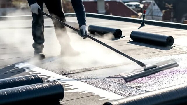 A roofer applies hot asphalt to a roof using a long-handled roller.