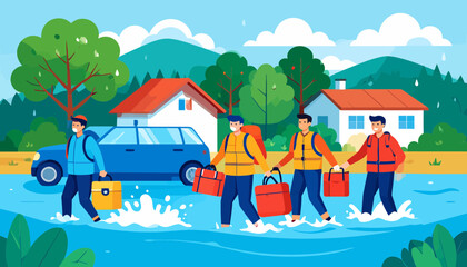 Naklejka premium People evacuating during a flood disaster.