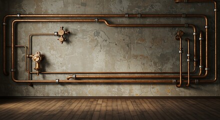 Empty room with Vintage steampunk backdrop with pipes, stucco wall and wooden floor