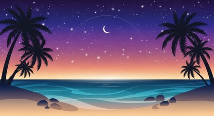 Tranquil tropical beach scenery under a starry night sky with swaying palm trees