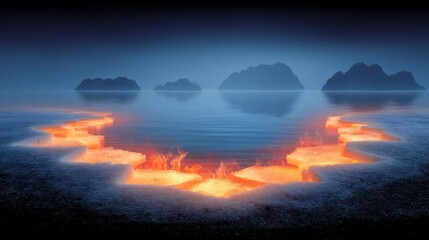 Fototapeta premium Fiery ice formations melt in calm water with distant mountainous islands under a dusky sky
