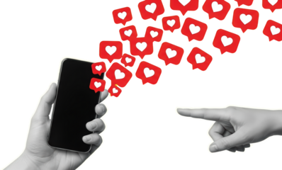 Hand holding smartphone with streaming social media heart notifications isolate collage hearts likes