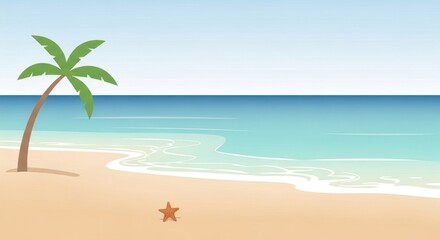 Obraz premium Tropical paradise illustration showcasing a serene beach with a palm tree and starfish on light sand