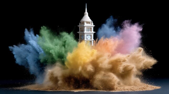 White clock tower surrounded by vibrant exploding powder clouds in various colors
