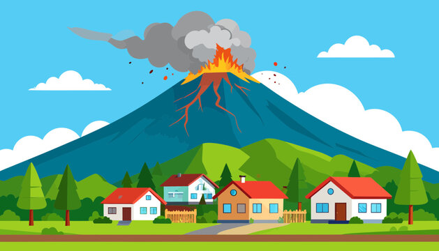 Volcanic eruption threatening a residential neighborhood.