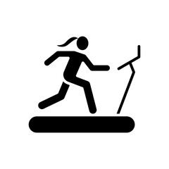 Woman on treadmill icon. Simple solid style. Running, machine, fitness, people, gym, female, person, health concept. Silhouette, glyph symbol. Vector isolated design