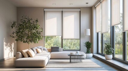 The white roller shades provide a clean, modern look.