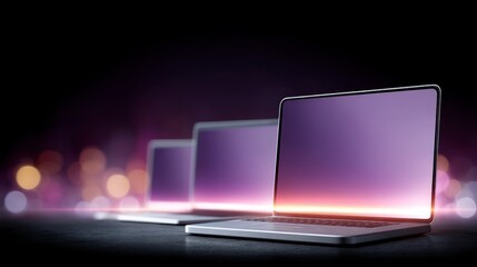 Laptops with glowing purple screens displayed in a row against a dark bokeh lit background