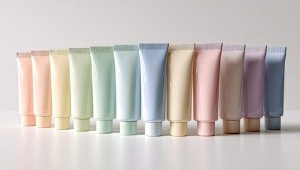 Array of colorful cosmetic tubes, arranged in a row, on a white background