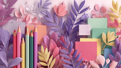 Pastel colored paper leaves, flowers, and pencils arranged on a soft pink background