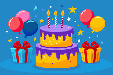A colorful cartoon birthday cake with balloons and gifts on a blue background