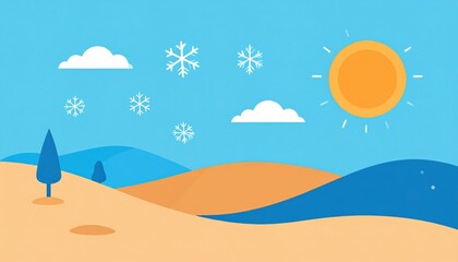 Obraz premium Bright sunny winter landscape with rolling hills snowflakes and clear blue sky in a minimalistic and colorful cartoon style perfect for seasonal holiday themes