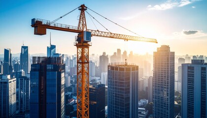 Scene of large crane lifting skyscraper steel structure, modern city background