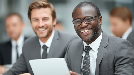 Fototapeta premium Two smiling businessmen in suits one black one white sharing a tablet with blurred colleagues in background