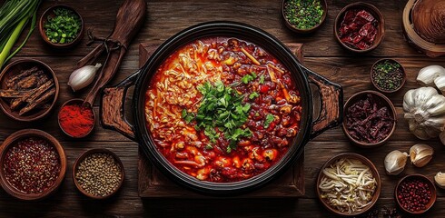 An inviting arrangement of a hot pot feast.