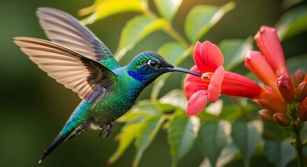 Obraz premium Vibrant Hummingbird Sipping Nectar from Red Flower, Wings in Motion, Close-up.