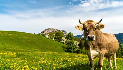 Cow in a meadow with a mountain backdrop