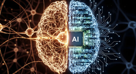 An abstract representation of the human brain seamlessly merging with advanced artificial intelligence showcasing cognitive enhancement and technological innovation for the future of humanity