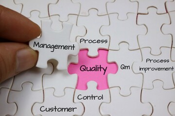 Puzzle Concept Depicting Quality Management with Highlighted Pink Piece