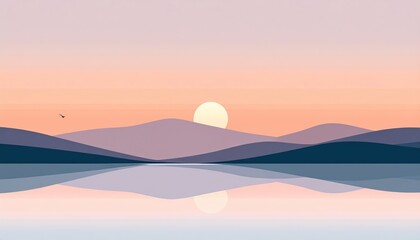 Obraz premium Serene sunrise over calm lake with distant mountains and pastel sky, peaceful landscape scene perfect for nature, tranquility, and outdoor nature themes