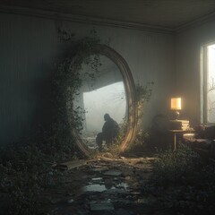 A dilapidated room, overgrown with plants, reflects a solitary figure in a large mirror