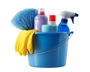 Cleaning supplies in blue bucket with glove