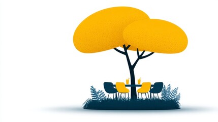 A stylized yellow tree shelters a small table with chairs and drinks outdoor