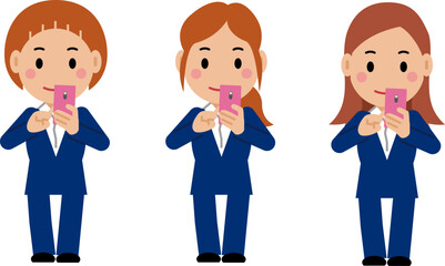 スマホを操作する紺色スーツの若い女性。その2