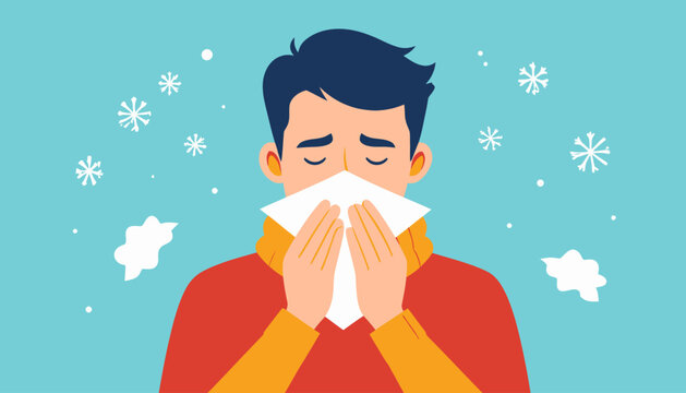 Man blowing nose in winter season.