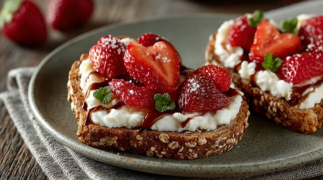 Two open faced toasts topped with cream cheese sliced strawberries syrup drizzle and mint leaves