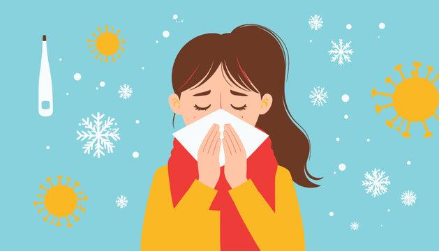 Woman blowing nose in winter season.