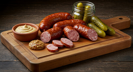 Savory smoked sausage platter featuring sliced kielbasa with tangy mustard and crisp pickles served on a rustic wooden cutting board.