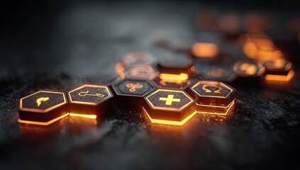 Orange glowing hexagons with symbols arranged on a dark, textured surface