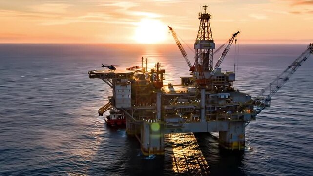 An epic aerial shot of a massive offshore oil rig platform in the middle of the ocean, a symbol of the energy industry and engineering.