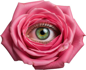 Close up of a vibrant pink rose with a green human eye emerging from its center petals collage art Flower transparent background