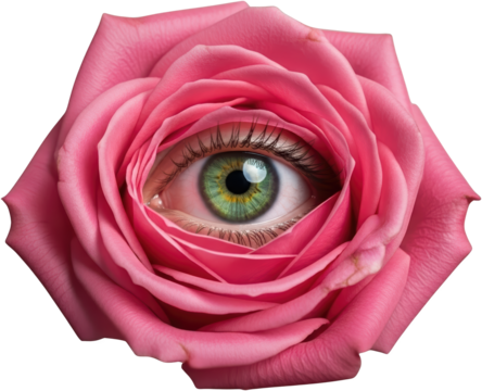 Close up of a vibrant pink rose with a green human eye emerging from its center petals collage art Flower transparent background