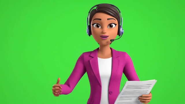 Successful 3D animated female customer service representative with a headset gives a thumbs up for positive approval on a green screen