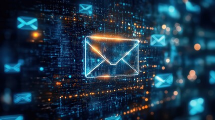Digital representation of email envelopes floating in a futuristic network environment with blue and orange lights
