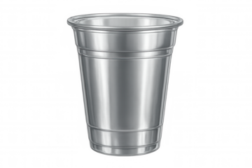 Realistic metallic party cup on transparent background, perfect for showcasing beverages or adding a touch of shine to designs